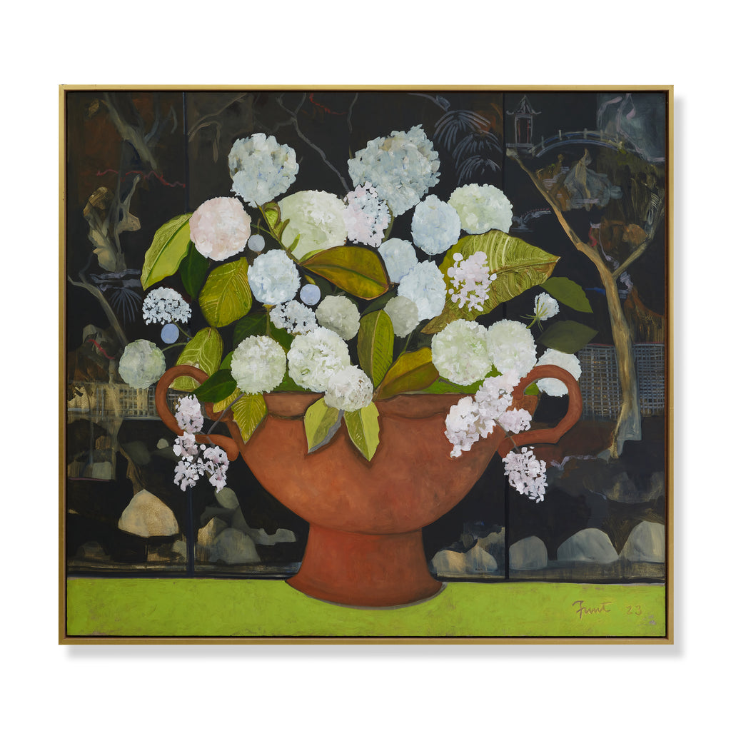 summer bouquet with lacquered screen by john funt, 2023 (56" x 61")