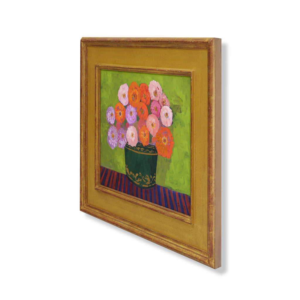 zinnias in a tole planter by john funt, 2023 (28" x 32")