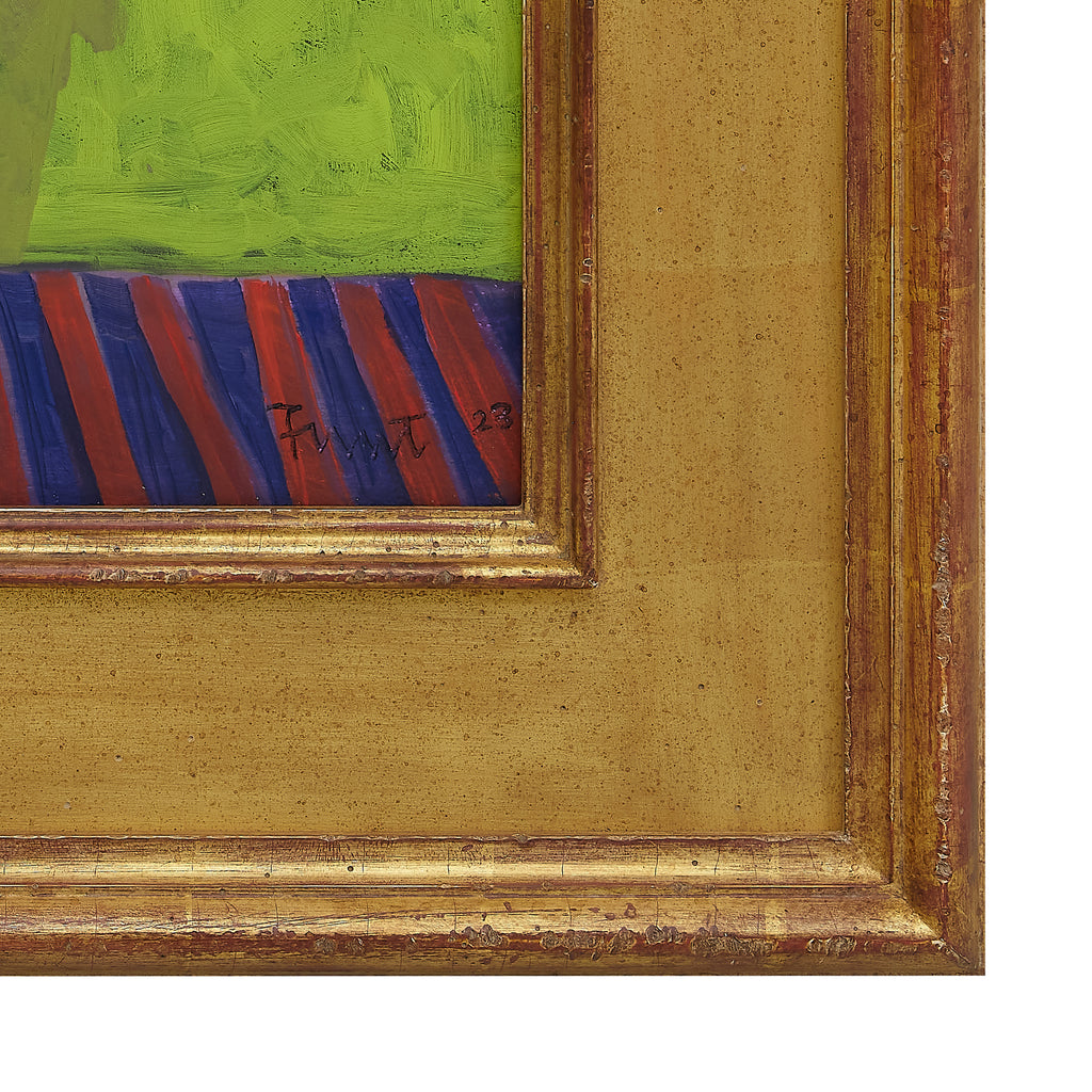 zinnias in a tole planter by john funt, 2023 (28" x 32")