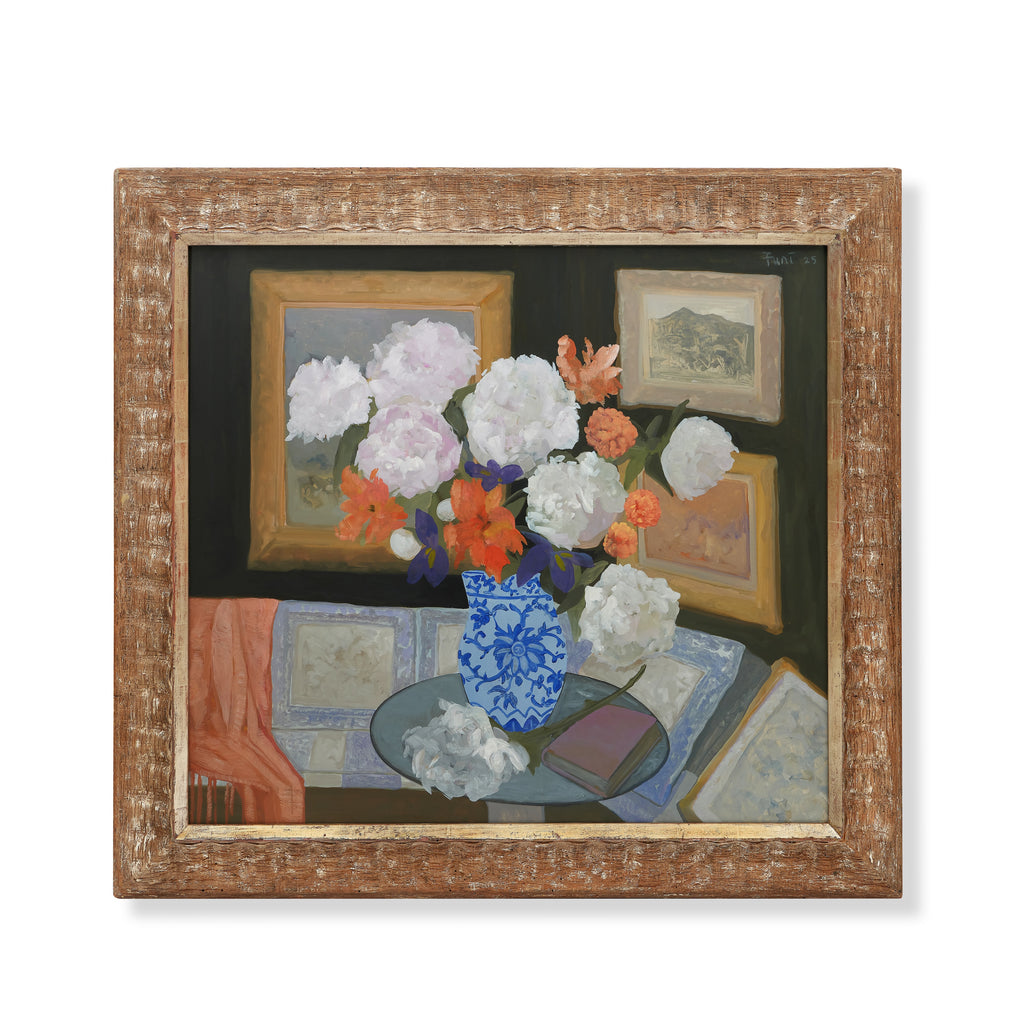 banquette corner with peonies by john funt, 2025 (45" x 48")