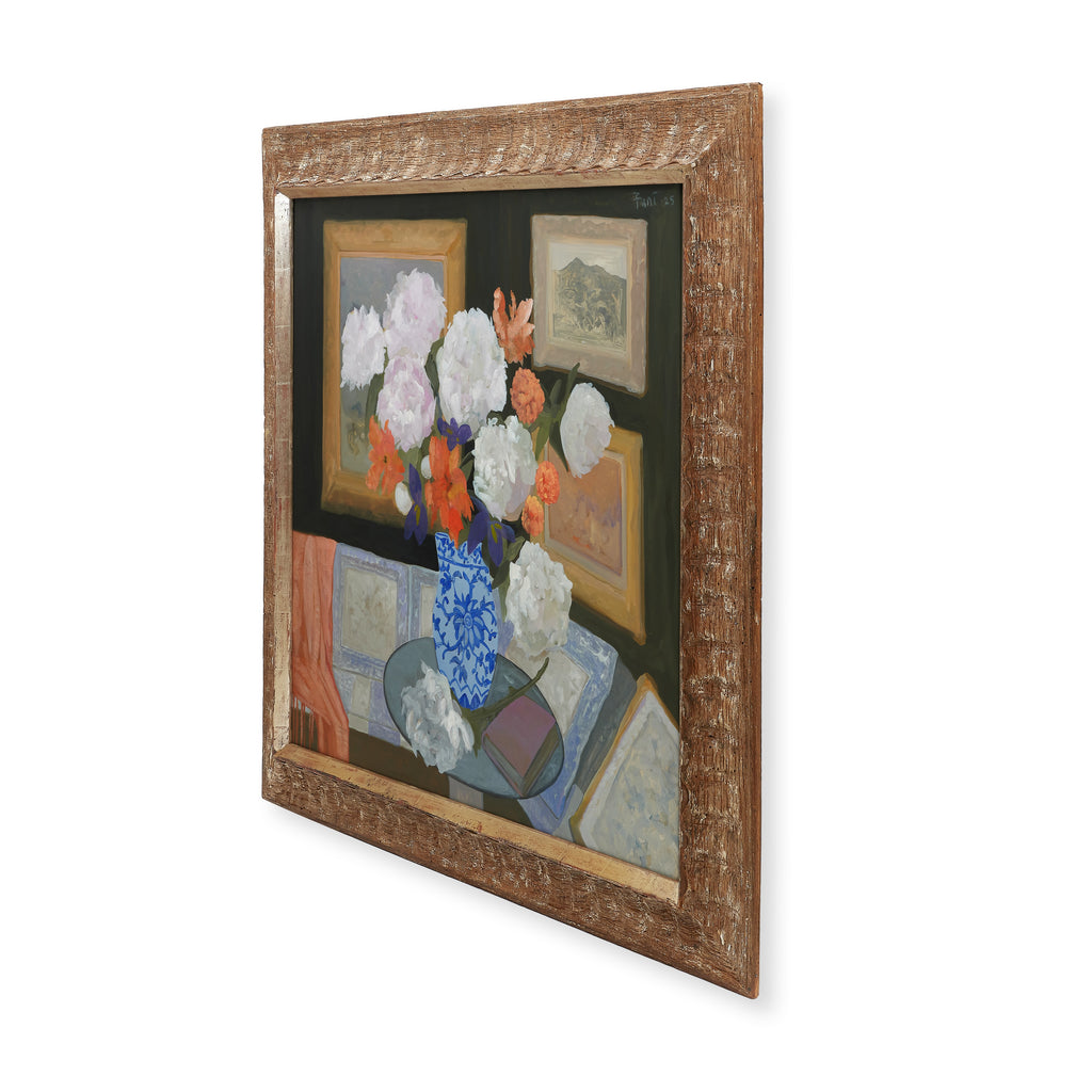 banquette corner with peonies by john funt, 2025 (45" x 48")