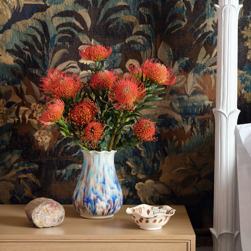 ivory umber and blue ruffle vase by matin malikzada for bunny williams home