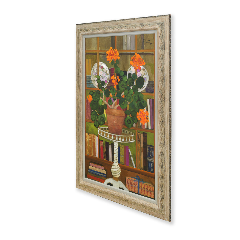 orange geranium in a library by john funt, 2023 (59" x 40")