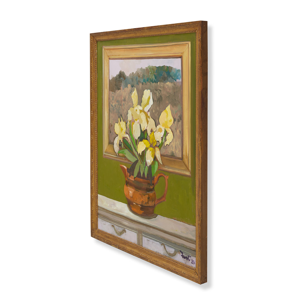yellow irises in a lustred jug by john funt, 2023 (32" x 26")