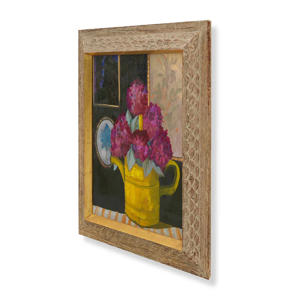 lilacs in a yellow watering can by john funt, 2023 (23" x 20.25")