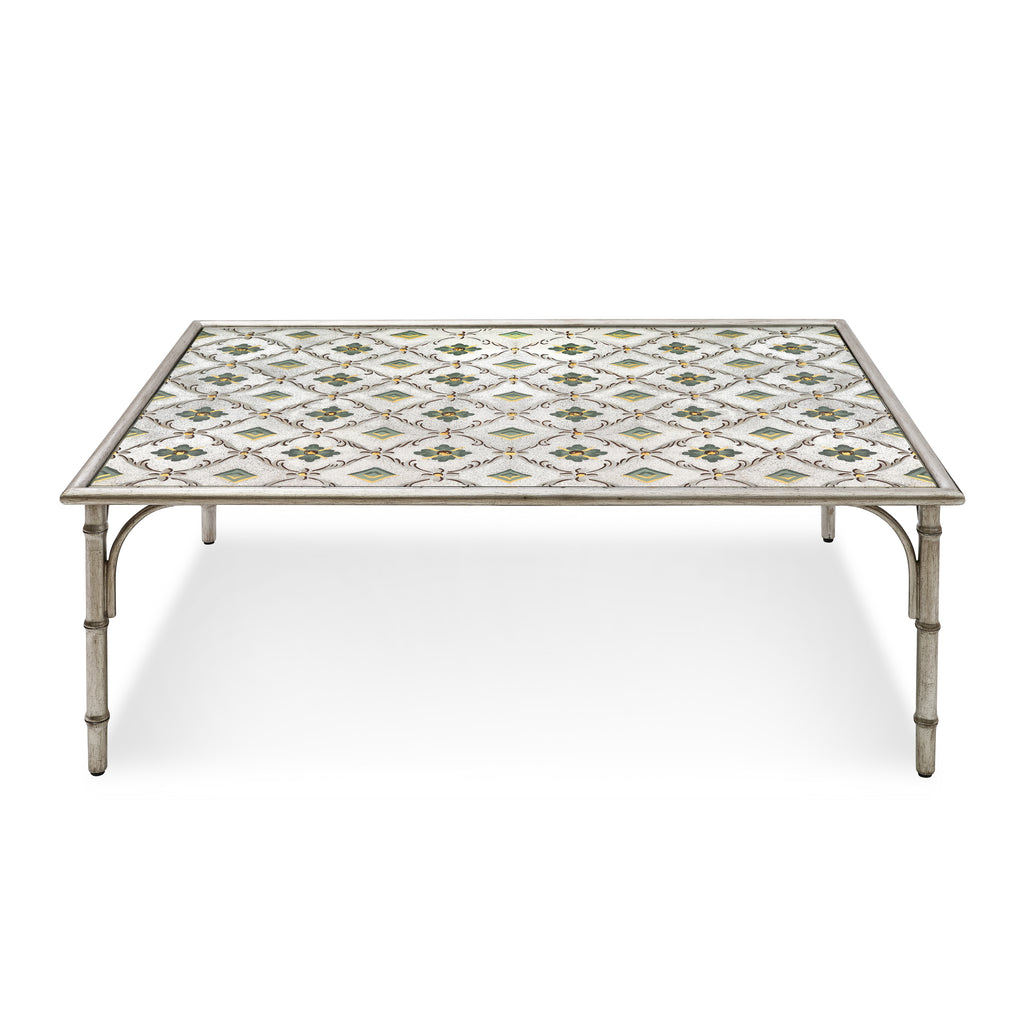 celine coffee table with hand painted glass top and metal frame