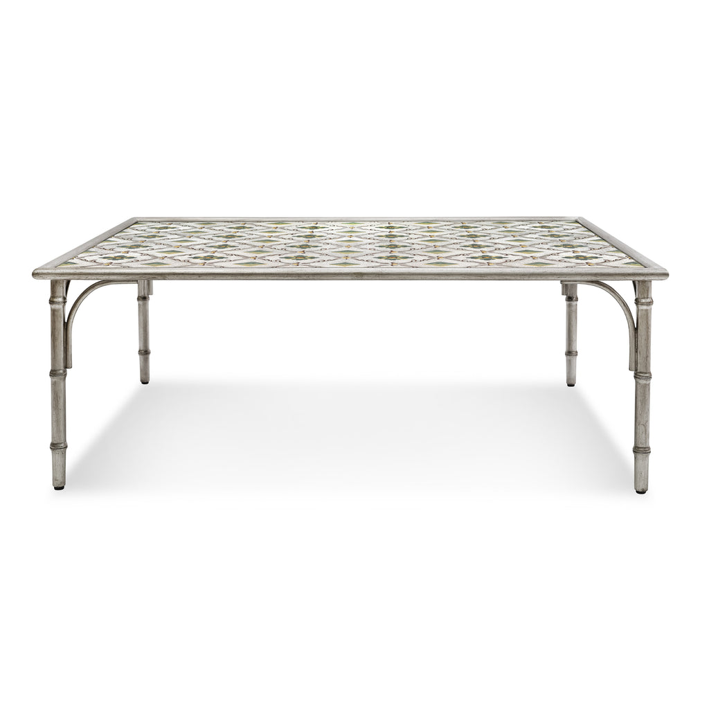 celine coffee table with hand painted glass top and metal frame