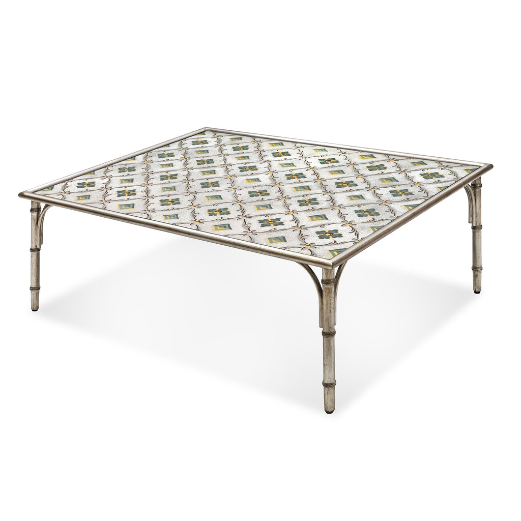 celine coffee table with hand painted glass top and metal frame