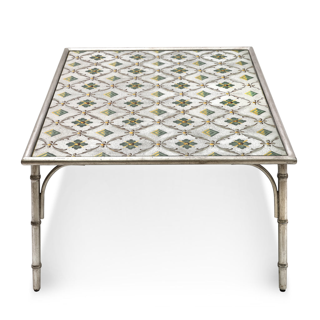 celine coffee table with hand painted glass top and metal frame