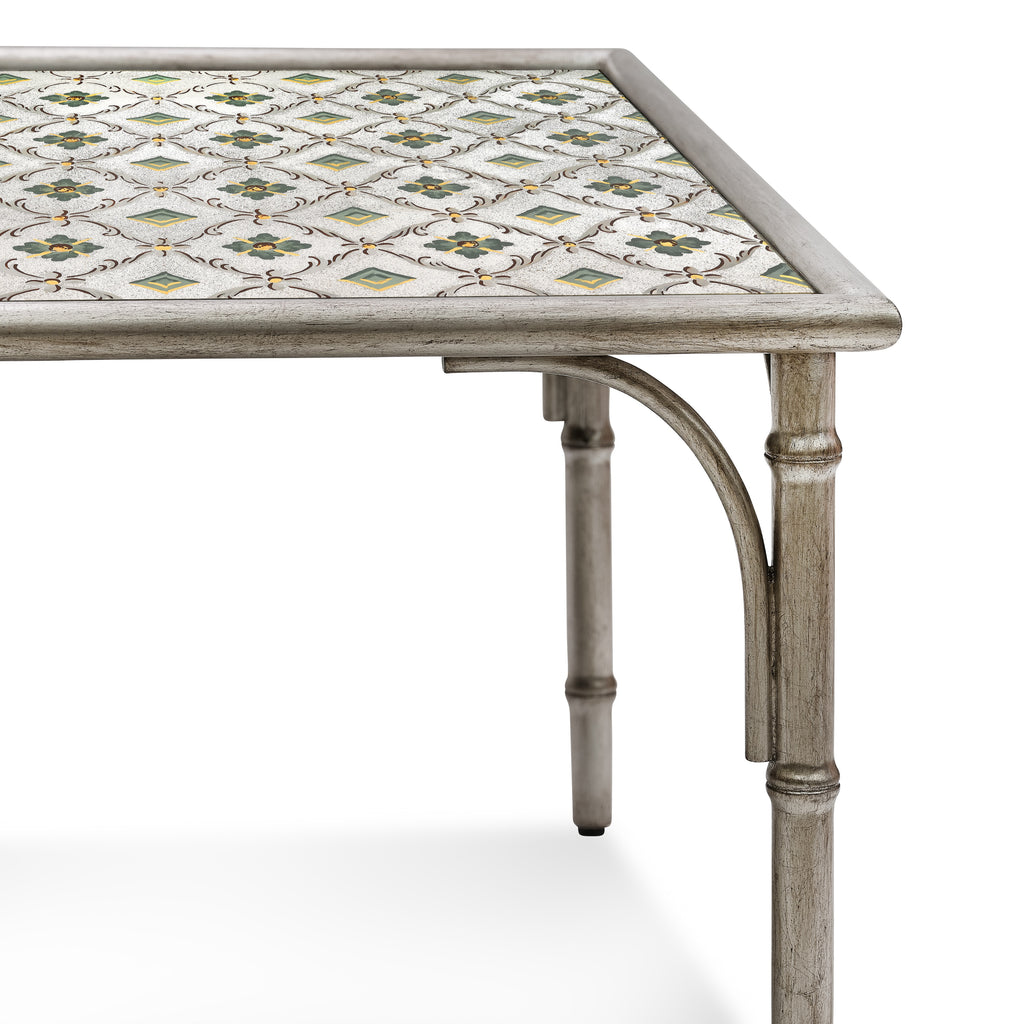 celine coffee table with hand painted glass top and metal frame