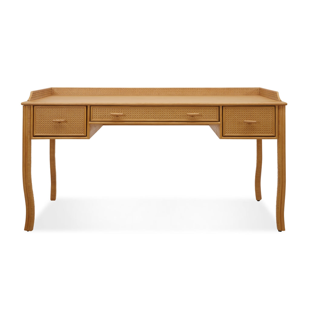 heron paneled cane desk with three drawers