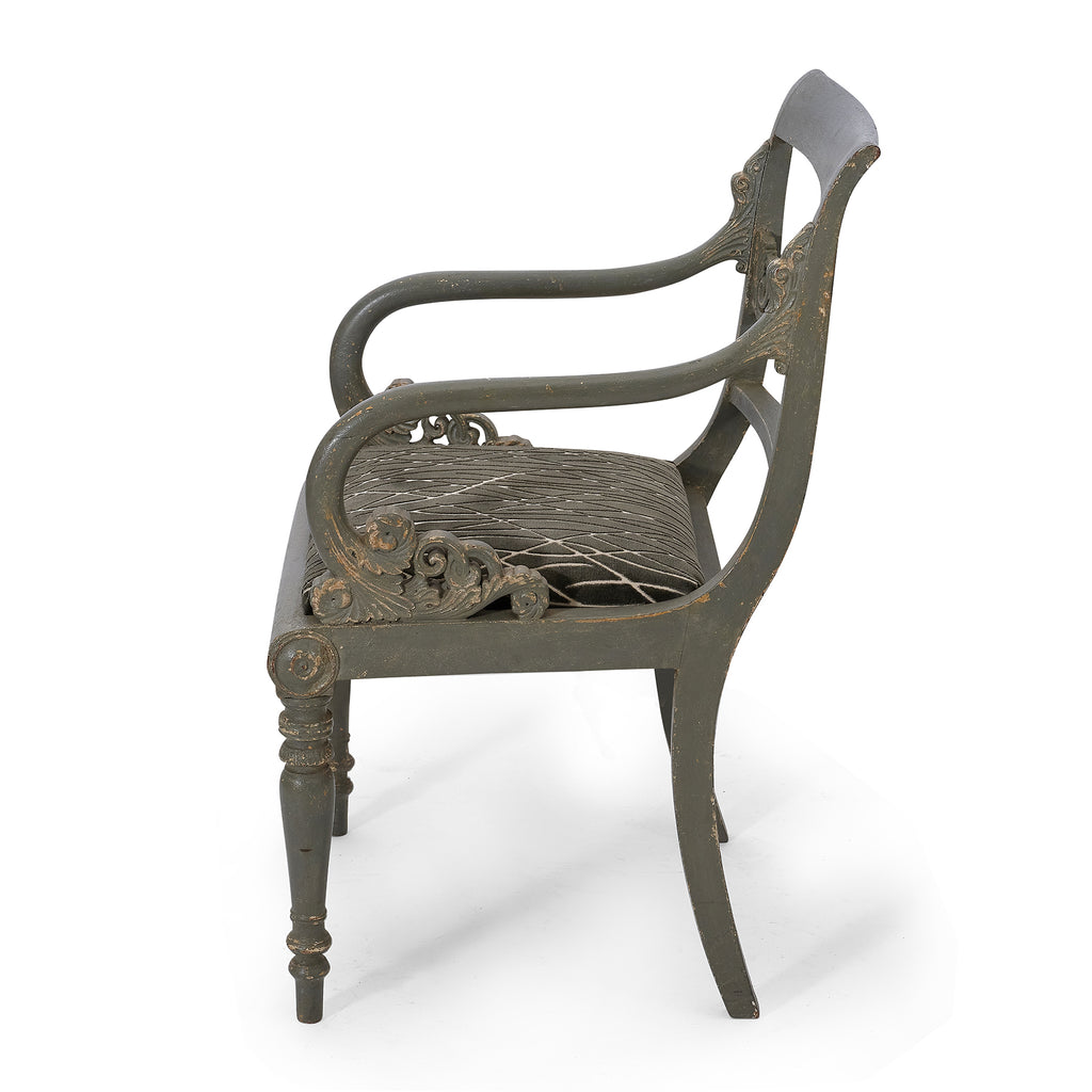 19th century grey-green painted armchairs side view