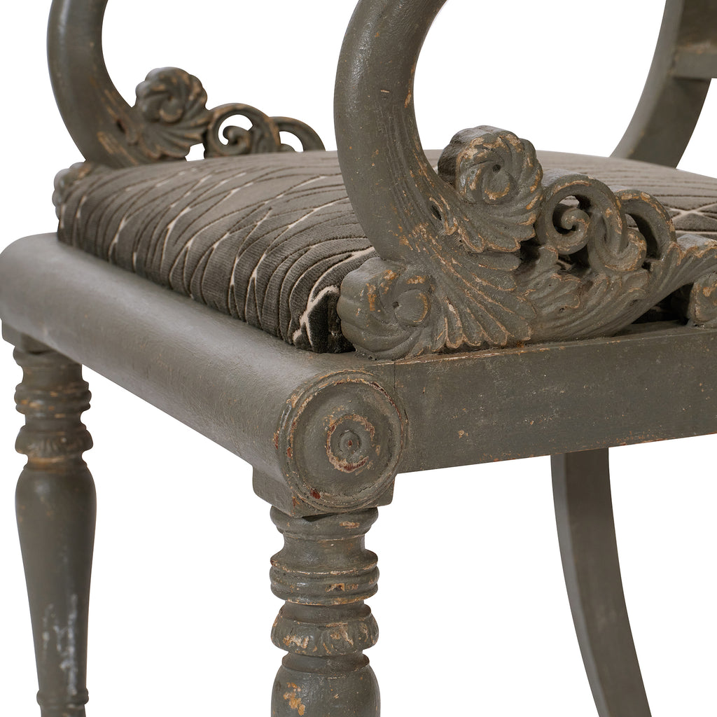 19th century grey-green painted armchairs - carving on arm