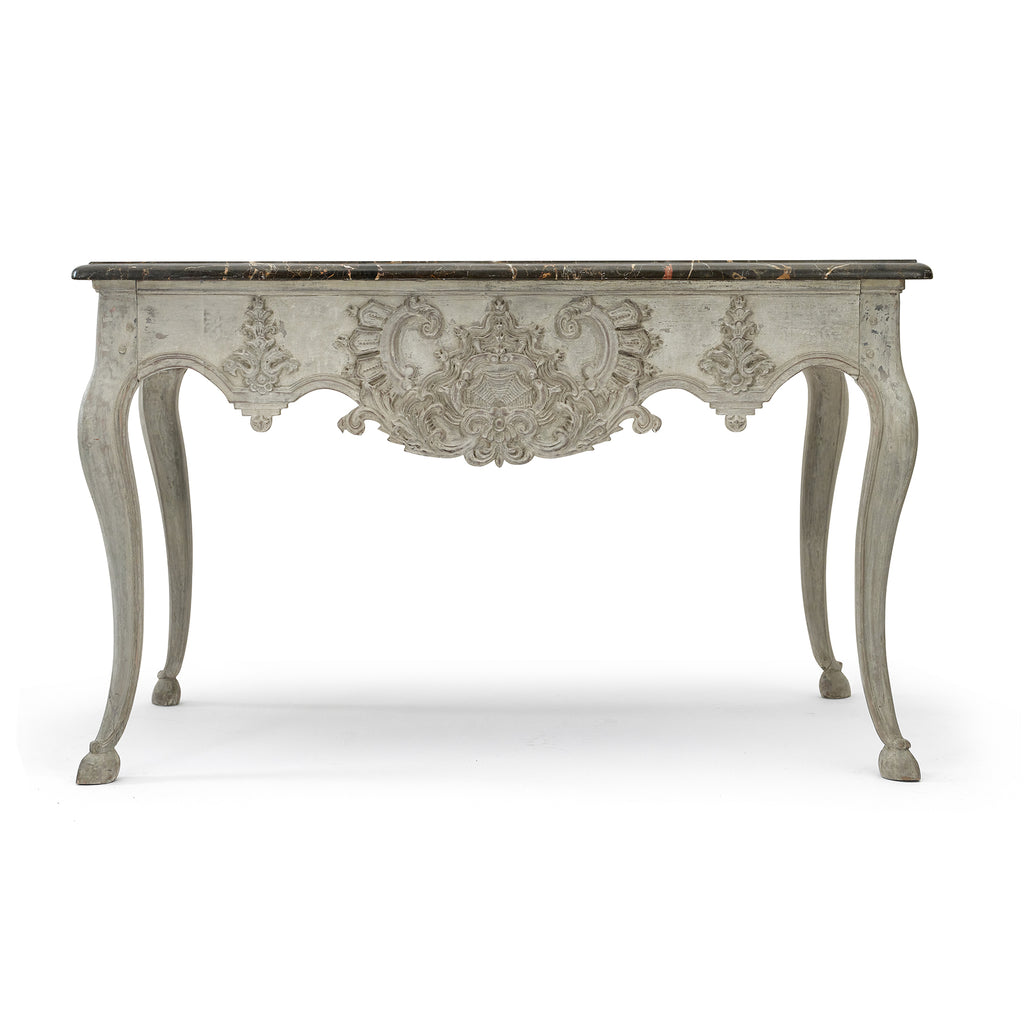 finely carved painted console table with marble top
