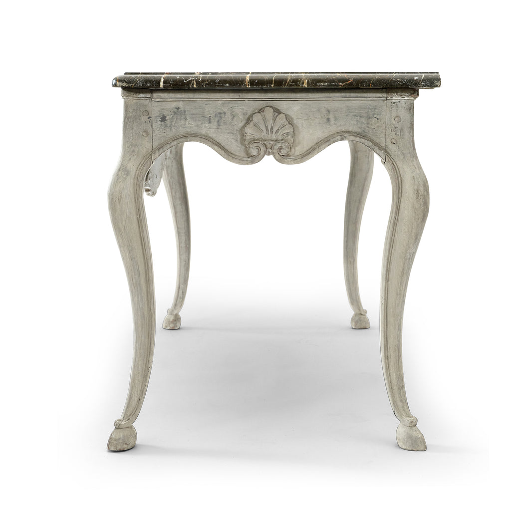 finely carved painted console table with marble top