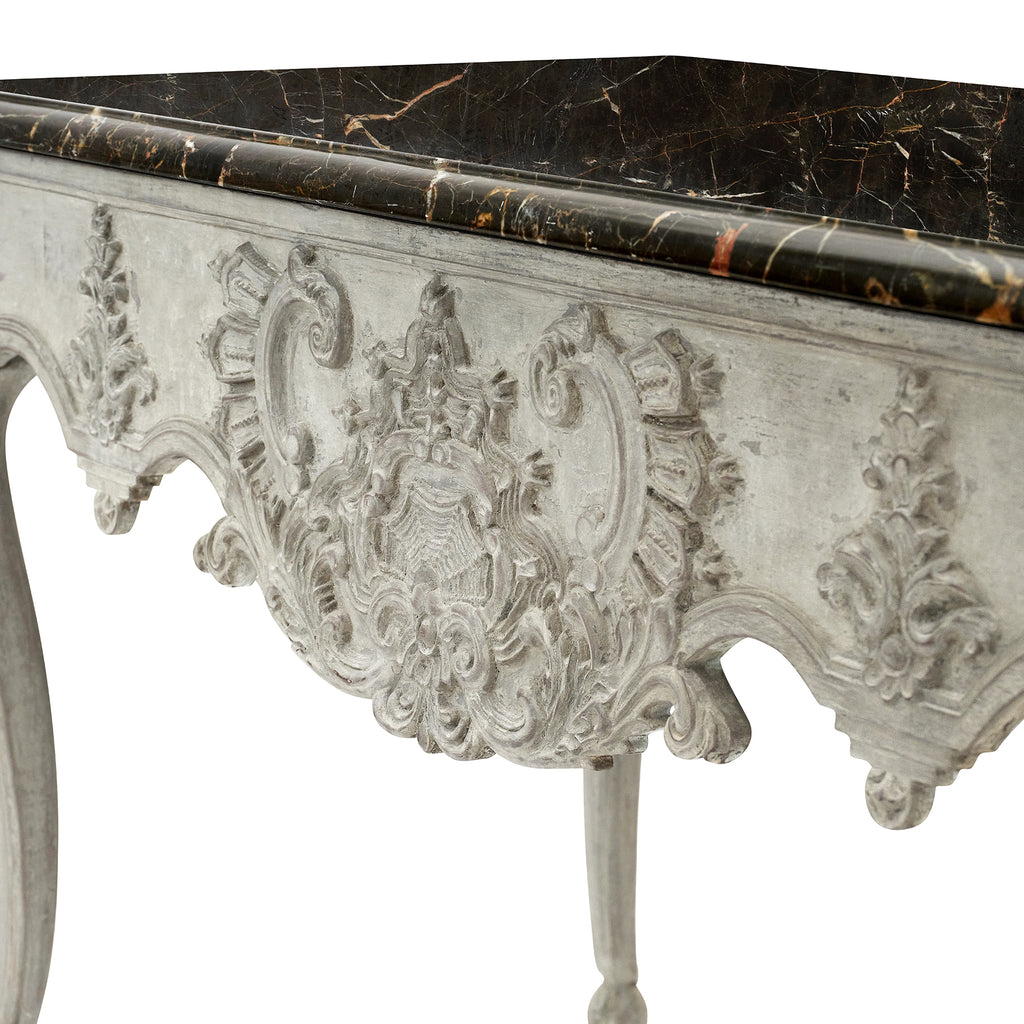 finely carved painted console table with marble top