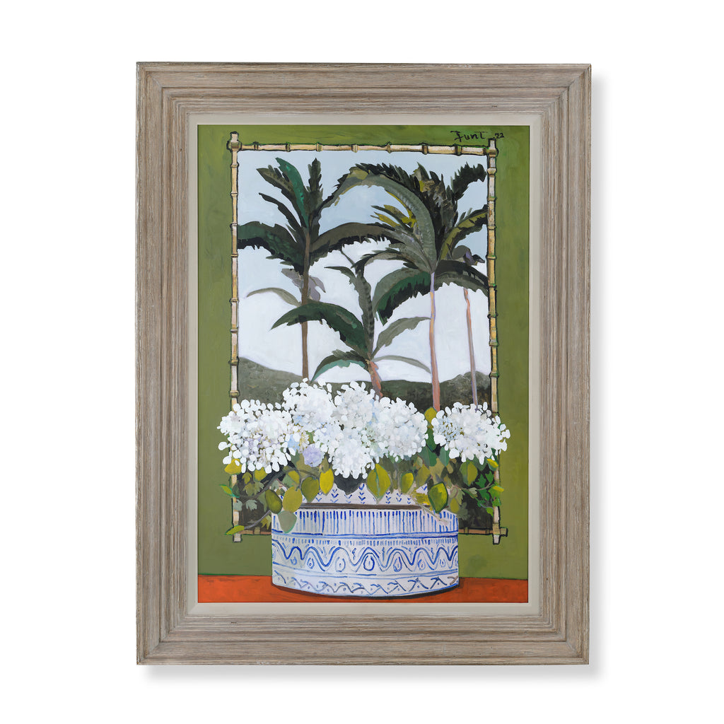 white hydrangeas and palms by john funt, 2022 (51" x 38.5")
