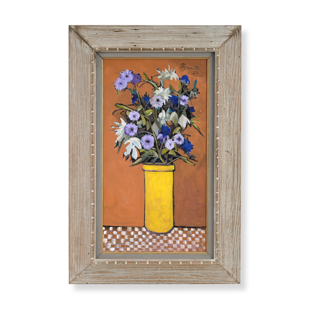 blue chicory in a yellow jar by john funt, 2022 (28" x 18.25")