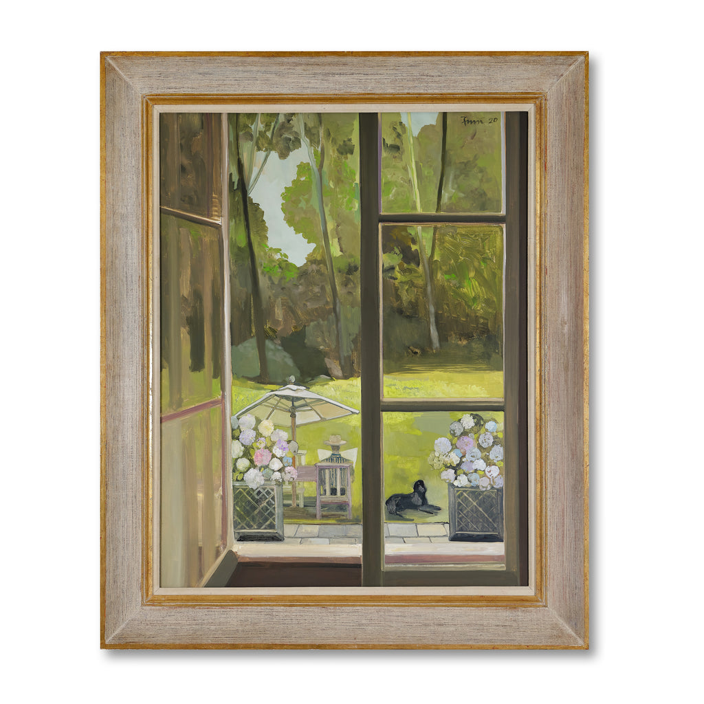 summer sunday (man reading on the lawn with dog) by john funt, 2020 (50.5" x 41")