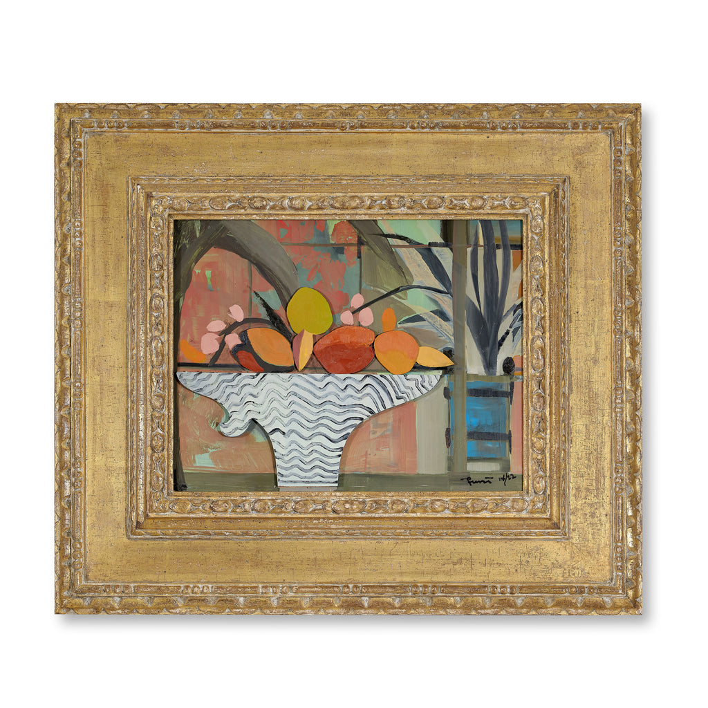 fruit in a striped bowl by john funt, 2022 (19.5" x 22.75")