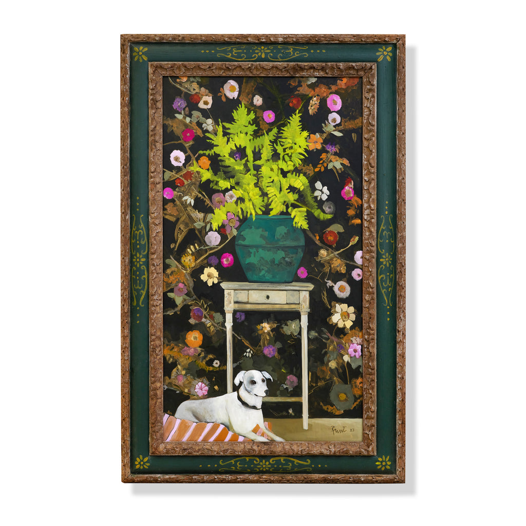 flower fantasy with white dog by john funt, 2023 (70" x 44")
