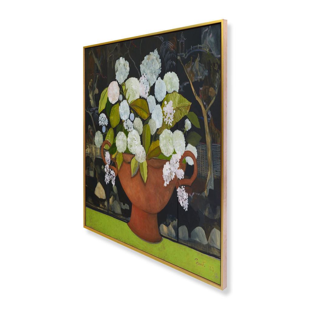 summer bouquet with lacquered screen by john funt, 2023 (56" x 61")