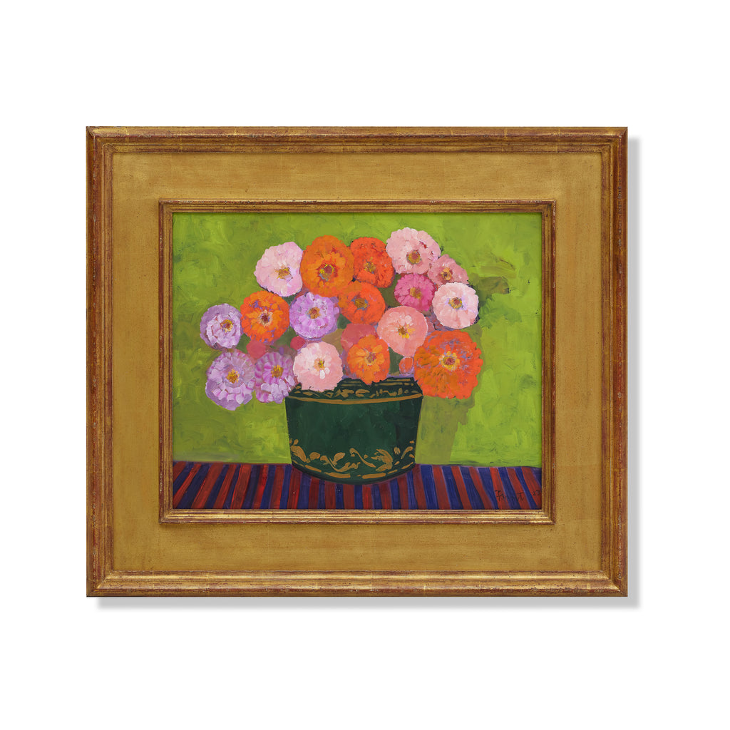 zinnias in a tole planter by john funt, 2023 (28" x 32")