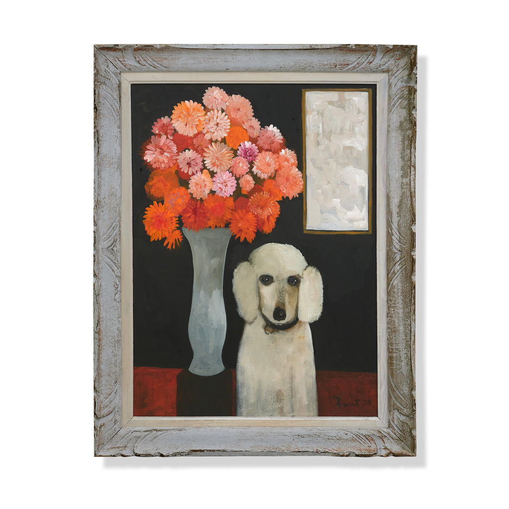 white poodle with dahlias by john funt, 2023 (39" x 31")