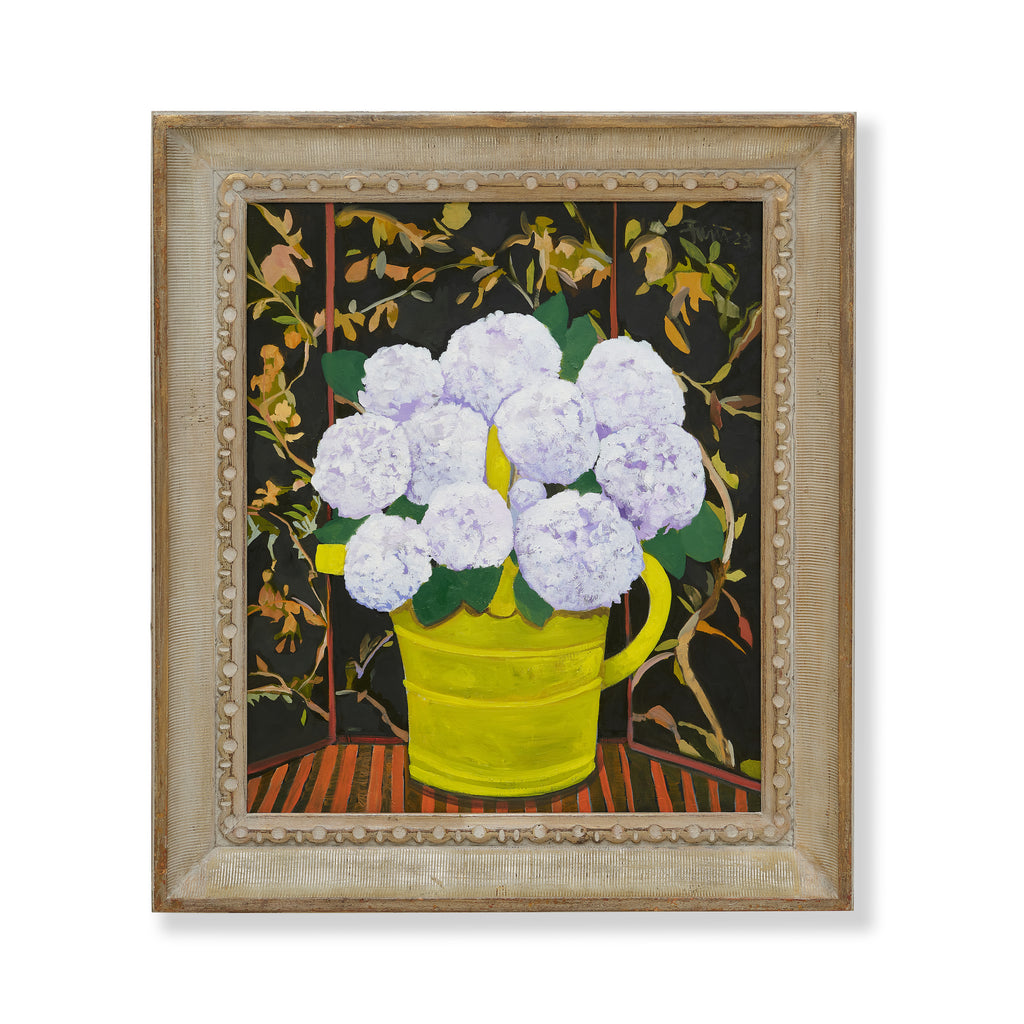 hydrangeas and chinese screen by john funt, 2023 (34" x 30")