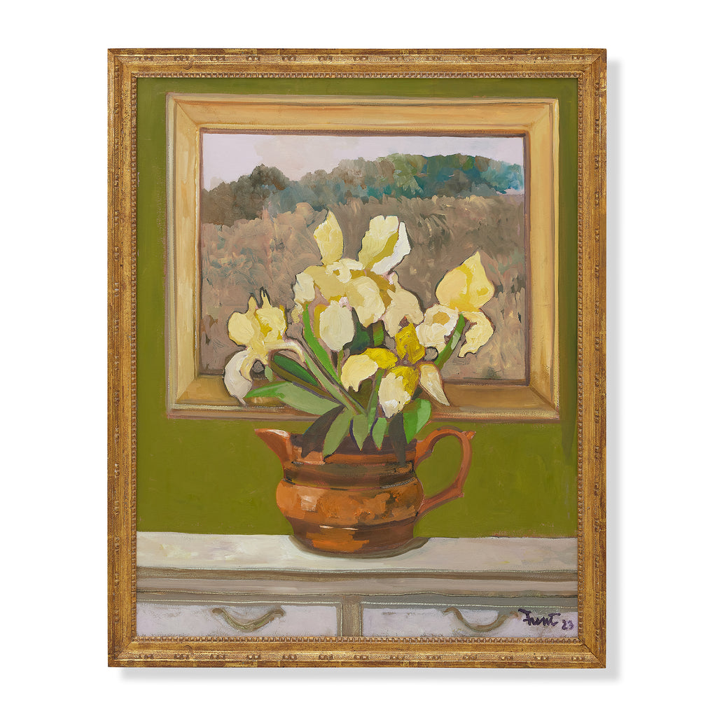 yellow irises in a lustred jug by john funt, 2023 (32" x 26")