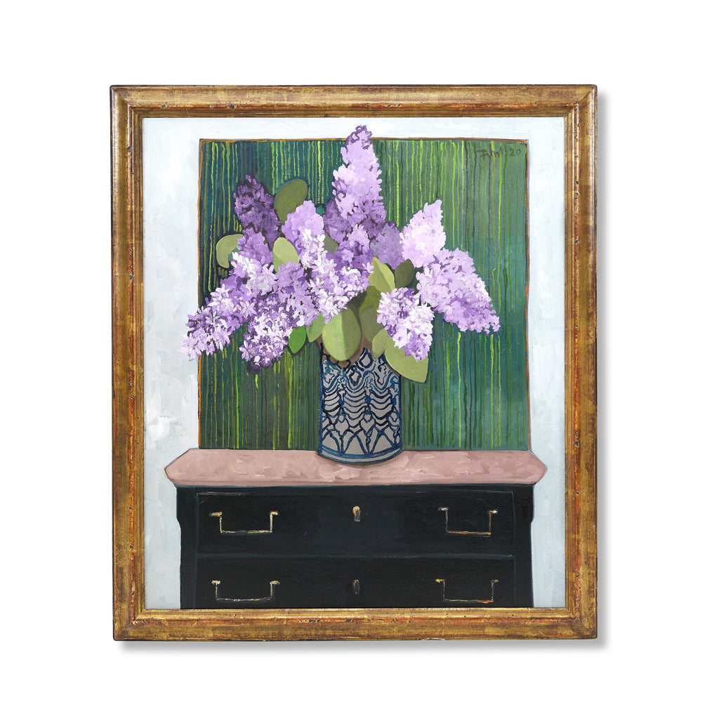 lilacs on a black chest by john funt, 2020 (36" x 32")