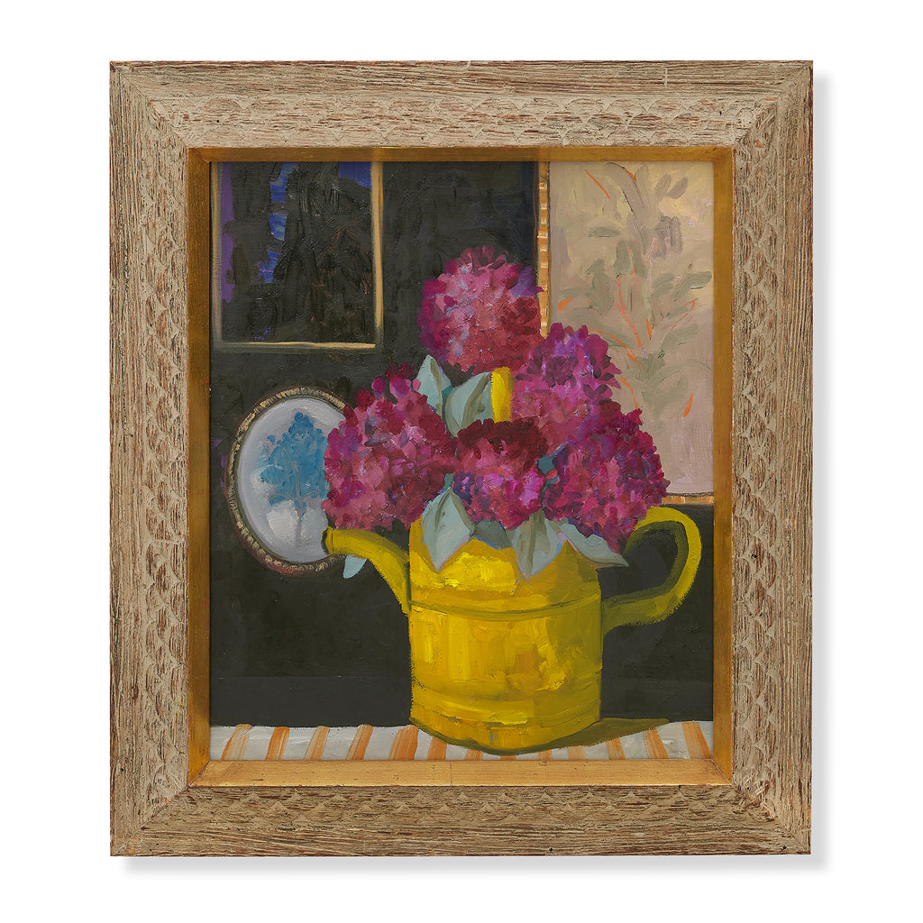lilacs in a yellow watering can by john funt, 2023 (23" x 20.25")