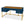 Blue desk with gold legs and trim on a white background