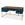 Blue desk with gold legs and trim on a white background
