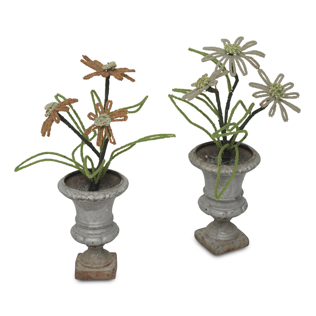 french stone vases with beaded flowers (pair)