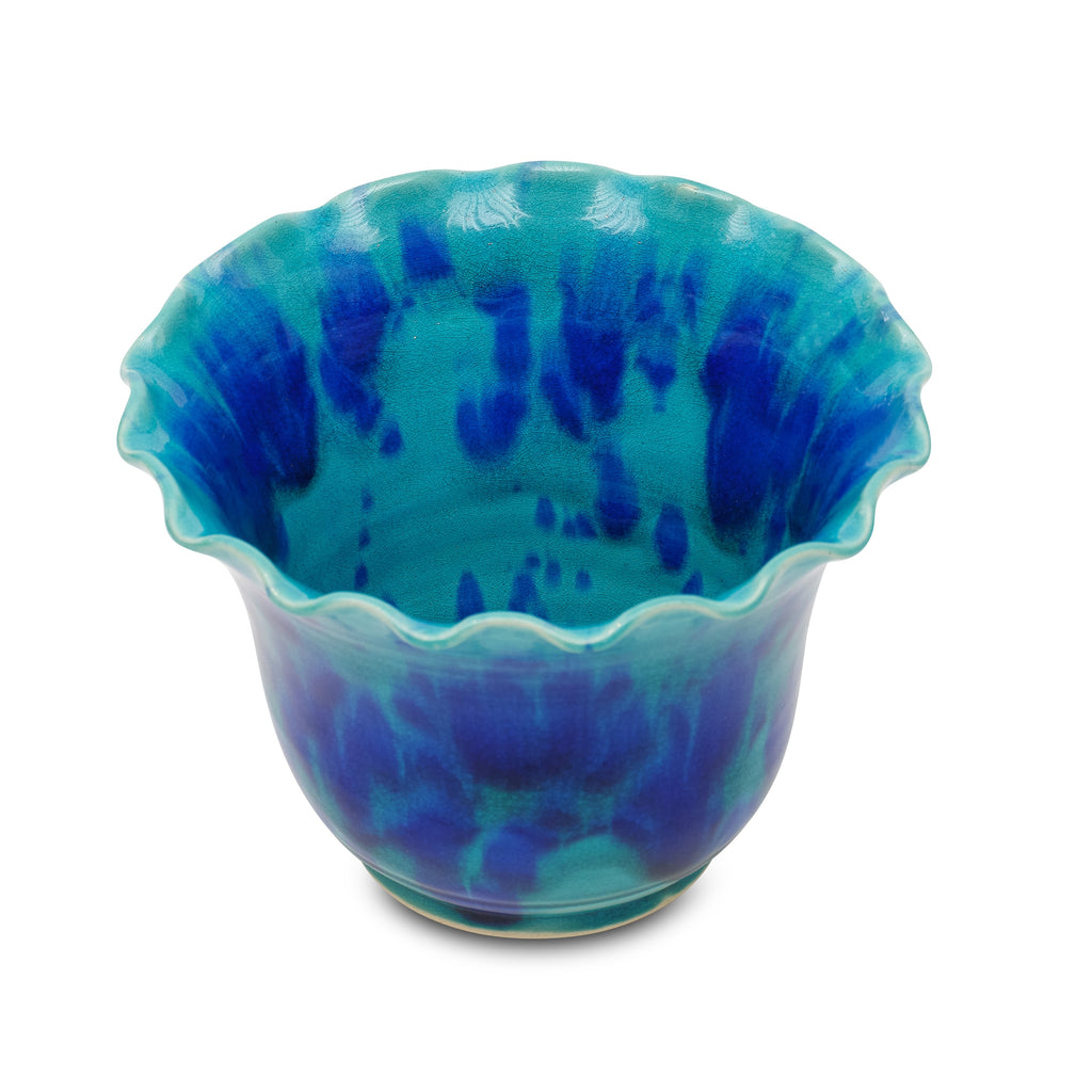 turquoise and bliue wide mouth ruffle vase by matin malikzada for bunny williams home