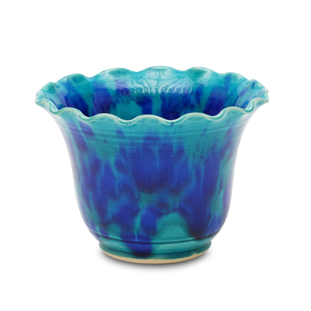 turquoise and bliue wide mouth ruffle vase by matin malikzada for bunny williams home