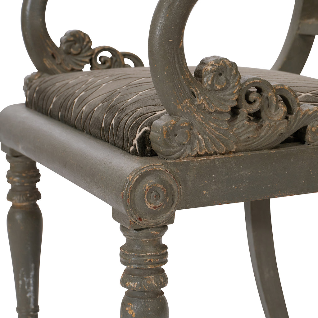 19th century grey-green painted armchairs - carving on arm