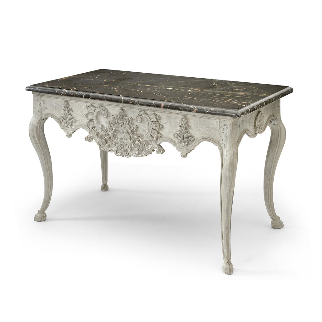 finely carved painted console table with marble top