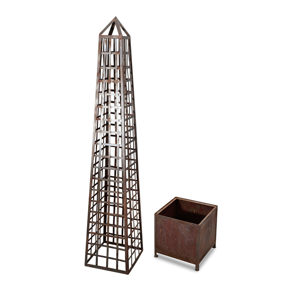 20th century metal obelisk trellis planter - top and bottom separate