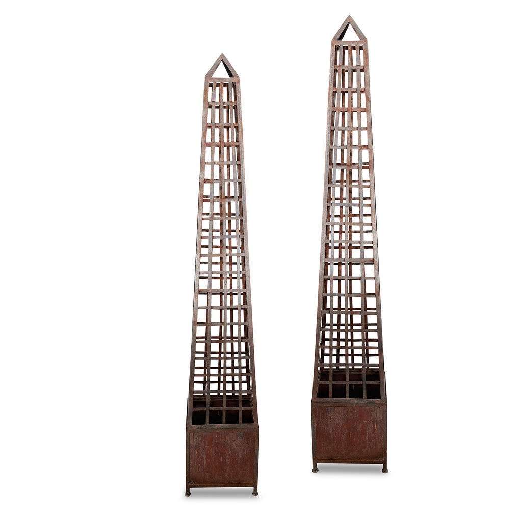 20th century metal obelisk trellis planters (pair)