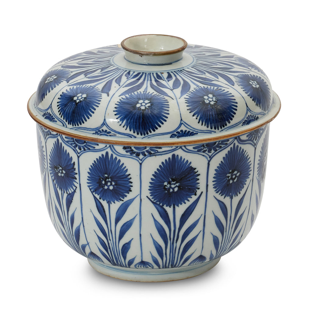 middle eastern covered blue-and-white pot
