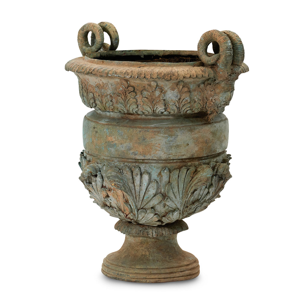 neoclassical style double-handle verdigris urn one-of-a-kind antique piece by bunny williams home 