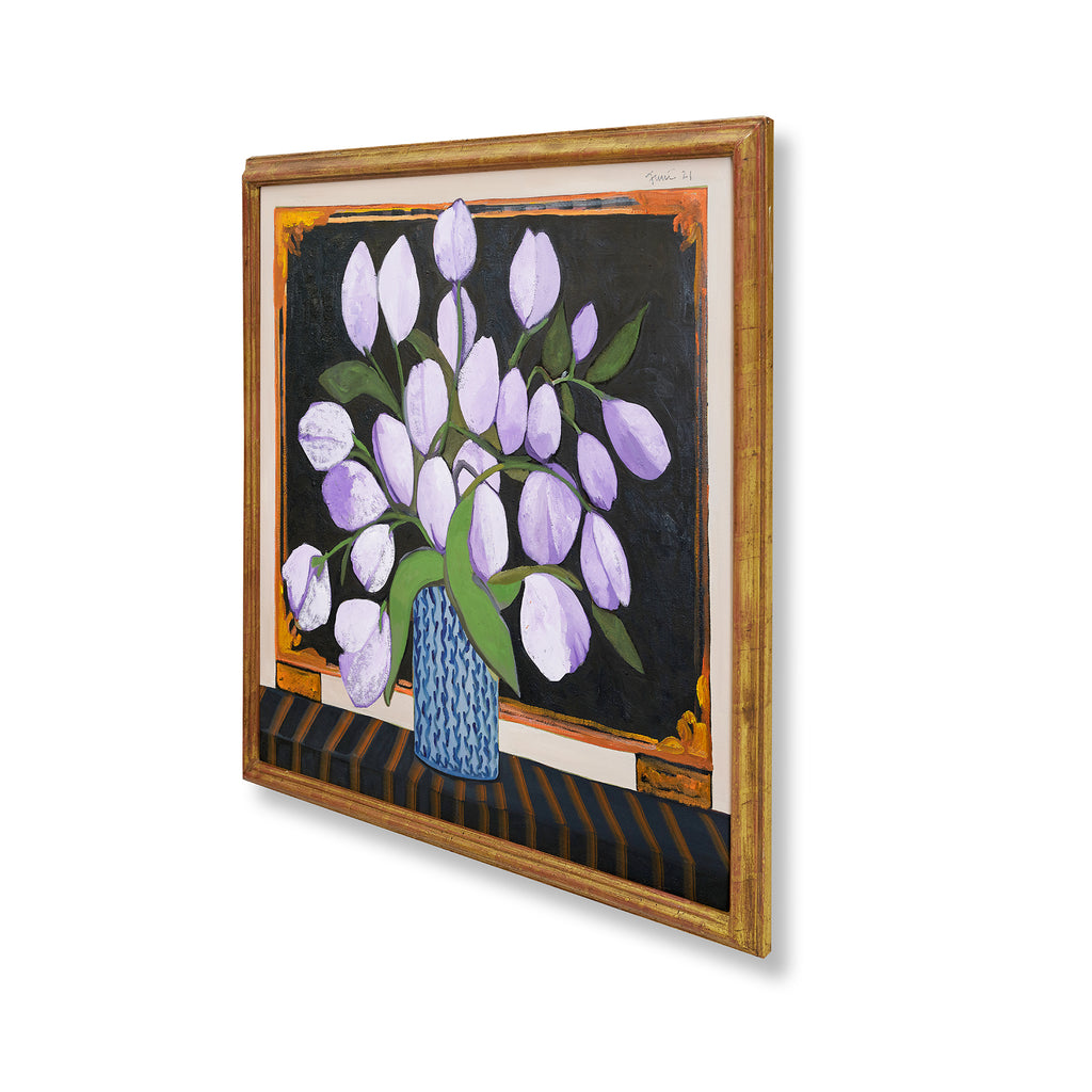 purple tulips before a chinese chest by john funt, 2022 (30" x 34")