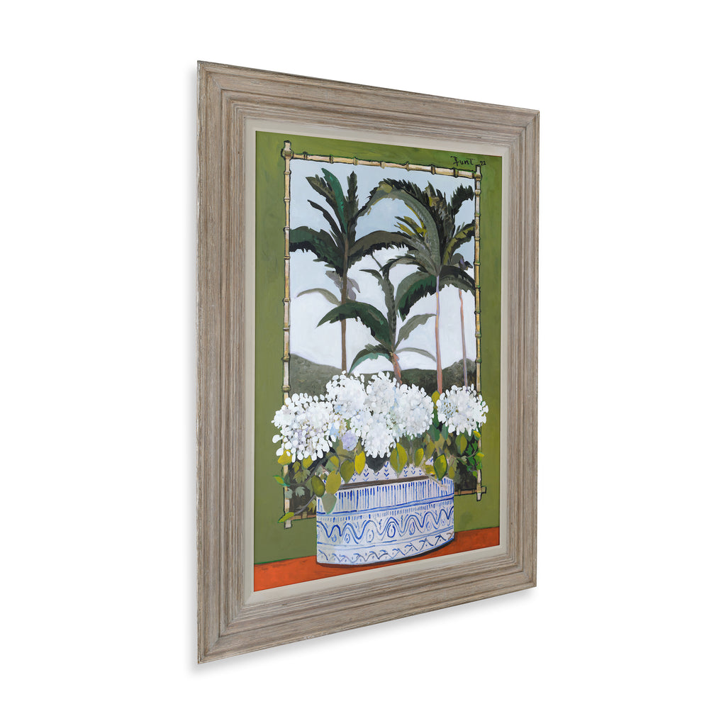 white hydrangeas and palms by john funt, 2022 (51" x 38.5")